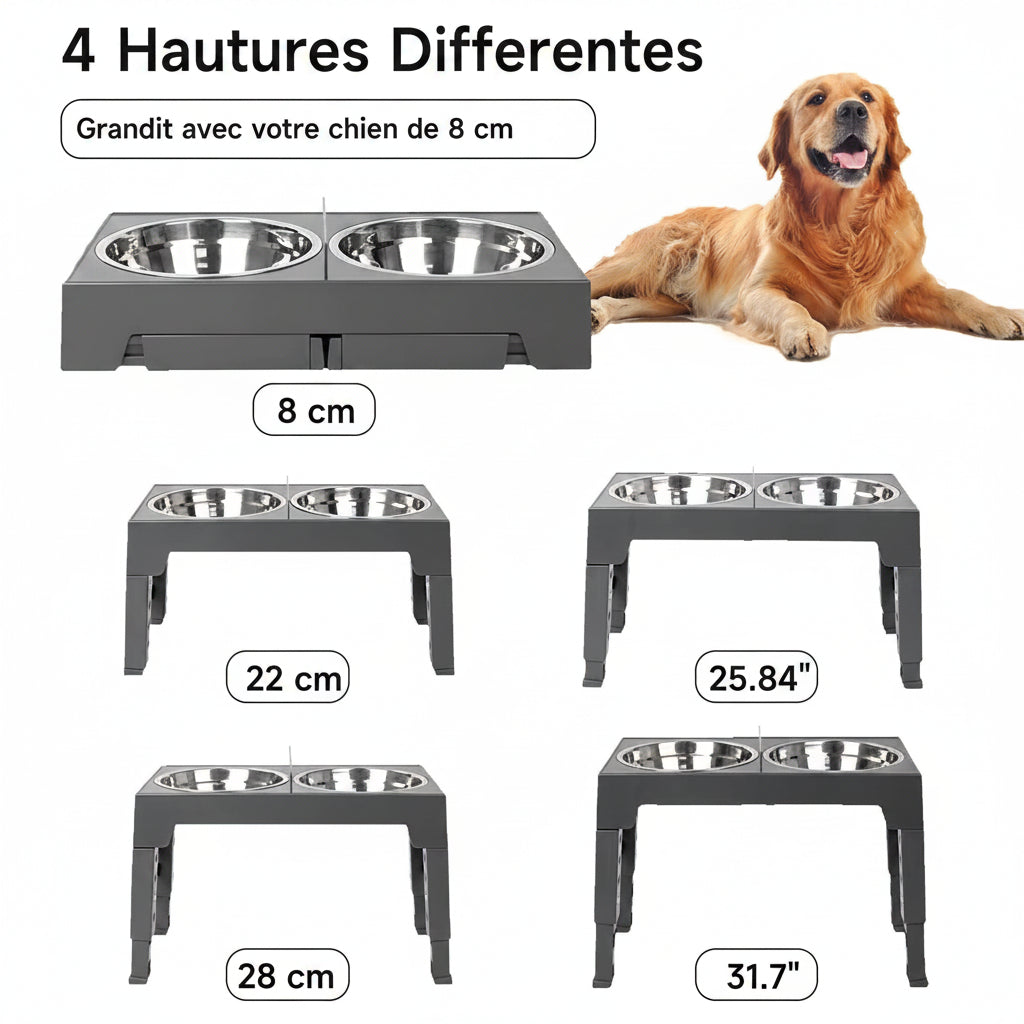 Bols Surélevés Réglables Chien Inox 1100ml | 5 Hauteurs | Petivo-anima